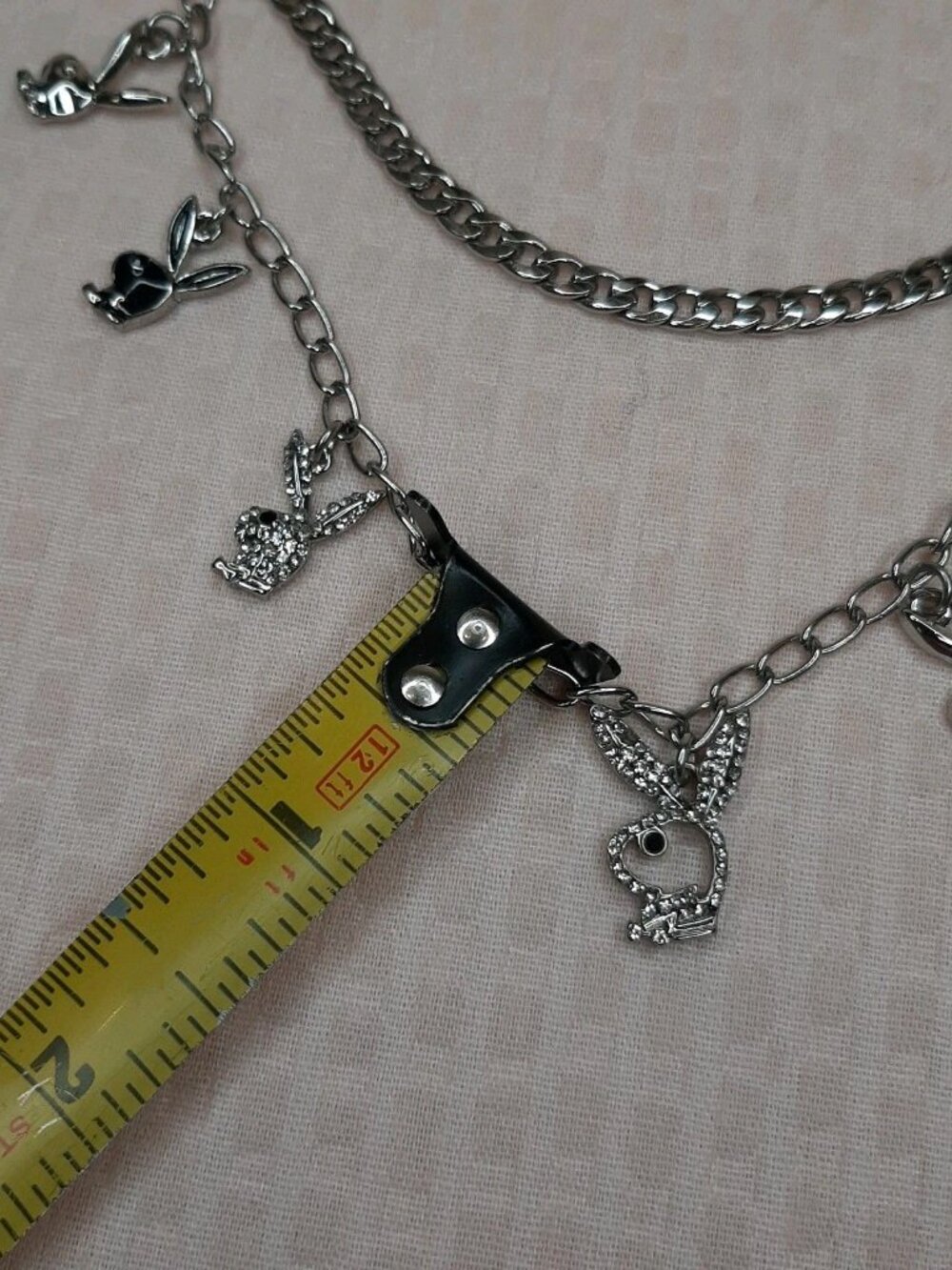 Playboy Bunny Necklace Silver Tone Y2K Layered Chainlink Enamel Rhinestones - Picture 4 of 7
